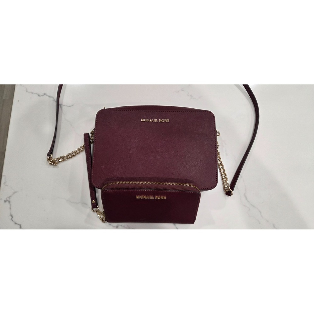 Michael Kors Jet Set Travel Burgundy Crossbody Bag and Matching Wristlet Set